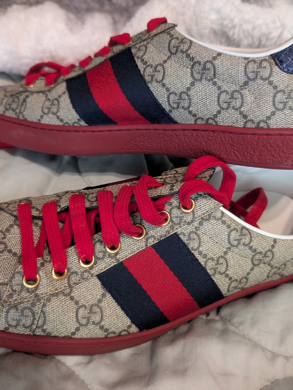 Gucci Beige GG Supreme Canvas Sneakers with Red & Navy Web Men's 6.5
